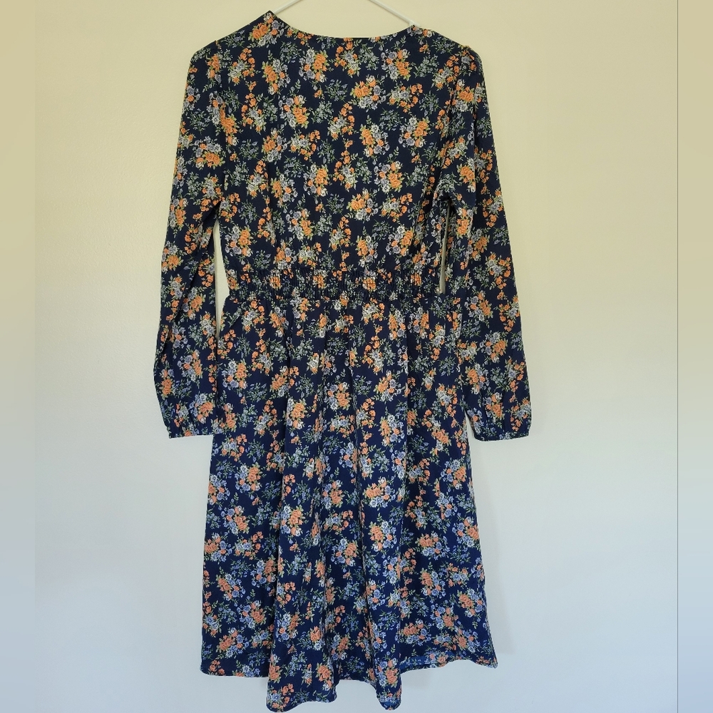 Allegra K Vneck Longsleeve Blue And Orange Floral Dress - Picture 6 of 6